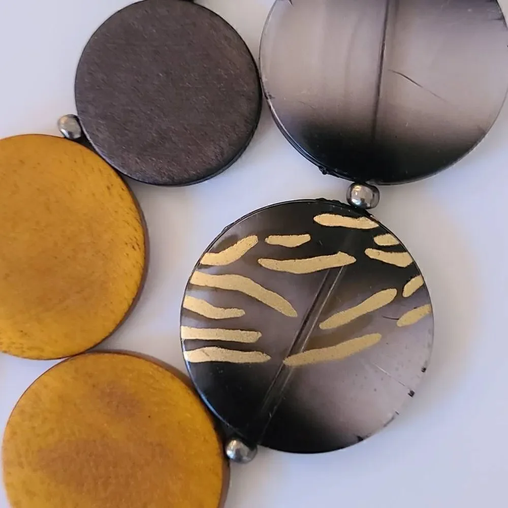 Double Strand Earthtone Disc and Wood Statement Necklace